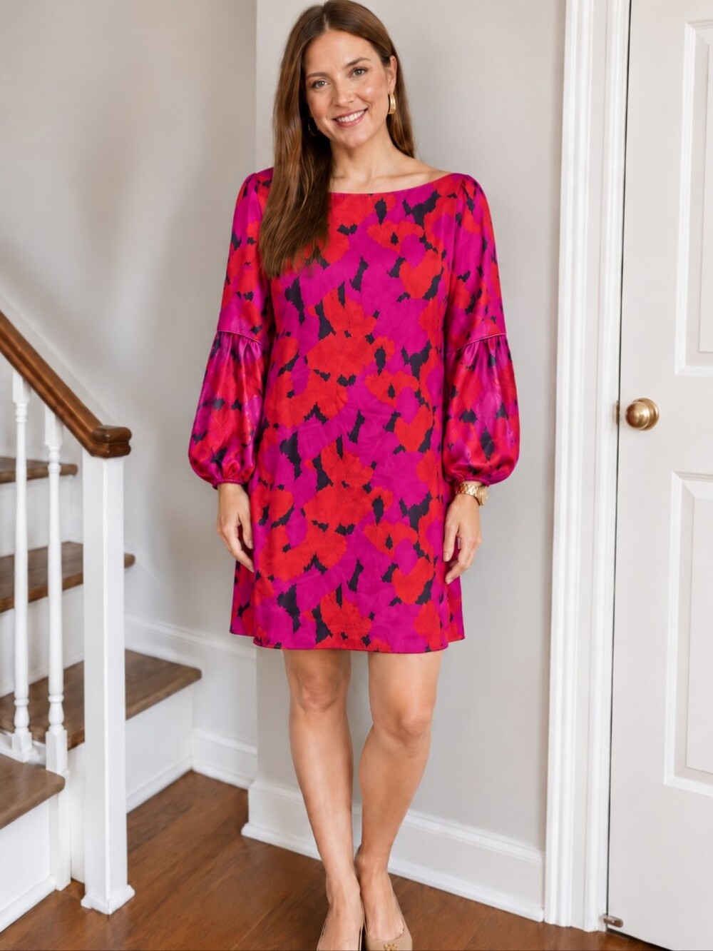 Tory Birch abstract floral print silk long sleeve shift dress size 2